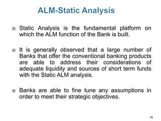    Static Analysis is the fundamental platform on
    which the ALM function of the Bank is built.

   It is generally observed that a large number of
    Banks that offer the conventional banking products
    are able to address their considerations of
    adequate liquidity and sources of short term funds
    with the Static ALM analysis.

   Banks are able to fine tune any assumptions in
    order to meet their strategic objectives.


                                                     94
 