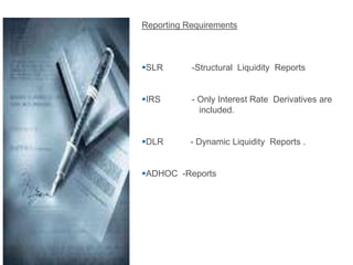 Reporting Requirements



SLR       -Structural Liquidity Reports


IRS       - Only Interest Rate Derivatives are
             included.


DLR       - Dynamic Liquidity Reports .


ADHOC -Reports
 