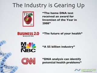 The Industry is Gearing Up
          “The home DNA test
          received an award for
          Invention of the Year in
          2008”


          “The future of your health”



          “A $5 billion industry”



          “DNA analysis can identify
          potential health problems”
 
