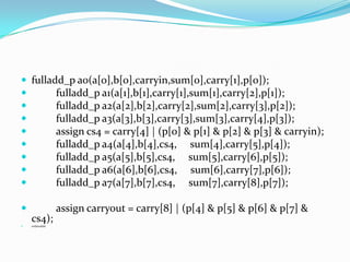  fulladd_p a0(a[0],b[0],carryin,sum[0],carry[1],p[0]);
       fulladd_p a1(a[1],b[1],carry[1],sum[1],carry[2],p[1]);
       fulladd_p a2(a[2],b[2],carry[2],sum[2],carry[3],p[2]);
       fulladd_p a3(a[3],b[3],carry[3],sum[3],carry[4],p[3]);
       assign cs4 = carry[4] | (p[0] & p[1] & p[2] & p[3] & carryin);
       fulladd_p a4(a[4],b[4],cs4, sum[4],carry[5],p[4]);
       fulladd_p a5(a[5],b[5],cs4, sum[5],carry[6],p[5]);
       fulladd_p a6(a[6],b[6],cs4, sum[6],carry[7],p[6]);
       fulladd_p a7(a[7],b[7],cs4, sum[7],carry[8],p[7]);

               assign carryout = carry[8] | (p[4] & p[5] & p[6] & p[7] &
    cs4);
   endmodule
 