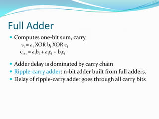 Full Adder
 Computes one-bit sum, carry
     si = ai XOR bi XOR ci
    ci+1 = aibi + aici + bici

 Adder delay is dominated by carry chain
 Ripple-carry adder: n-bit adder built from full adders.
 Delay of ripple-carry adder goes through all carry bits
 