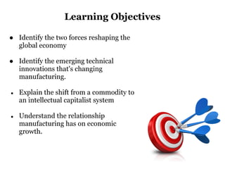 Learning Objectives

● Identify the two forces reshaping the
  global economy

● Identify the emerging technical
  innovations that's changing
  manufacturing.

●   Explain the shift from a commodity to
    an intellectual capitalist system

●   Understand the relationship
    manufacturing has on economic
    growth.
 