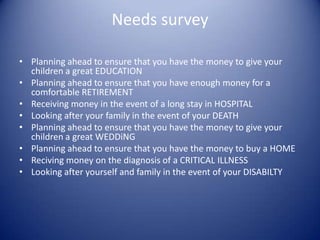 Needs survey

• Planning ahead to ensure that you have the money to give your
  children a great EDUCATION
• Planning ahead to ensure that you have enough money for a
  comfortable RETIREMENT
• Receiving money in the event of a long stay in HOSPITAL
• Looking after your family in the event of your DEATH
• Planning ahead to ensure that you have the money to give your
  children a great WEDDiNG
• Planning ahead to ensure that you have the money to buy a HOME
• Reciving money on the diagnosis of a CRITICAL ILLNESS
• Looking after yourself and family in the event of your DISABILTY
 