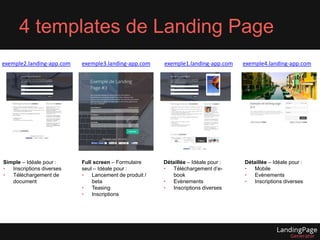 4 templates de Landing Page 
exemple2.landing-app.com exemple3.landing-app.com exemple1.landing-app.com exemple4.landing-app.com 
Simple – Idéale pour : 
• Inscriptions diverses 
• Téléchargement de 
document 
Full screen – Formulaire 
seul – Idéale pour : 
• Lancement de produit / 
beta 
• Teasing 
• Inscriptions 
Détaillée – Idéale pour : 
• Téléchargement d’e-book 
• Evènements 
• Inscriptions diverses 
Détaillée – Idéale pour : 
• Mobile 
• Evènements 
• Inscriptions diverses 
 