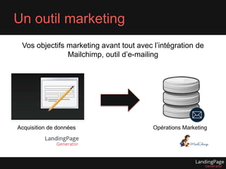 Un outil marketing 
Vos objectifs marketing avant tout avec l’intégration de 
Mailchimp, outil d’e-mailing 
Acquisition de données Opérations Marketing 
 