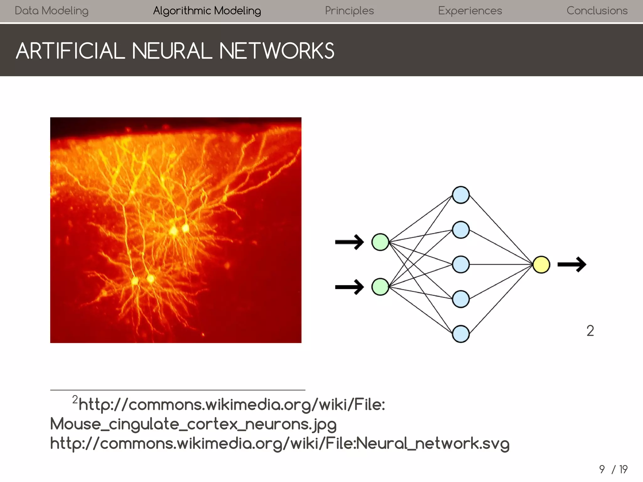 Data Modeling

Algorithmic Modeling

Principles

Experiences

Conclusions

ARTIFICIAL NEURAL NETWORKS

2

2

http://commons.wikimedia.org/wiki/File:
Mouse_cingulate_cortex_neurons.jpg
http://commons.wikimedia.org/wiki/File:Neural_network.svg
9 / 19

 