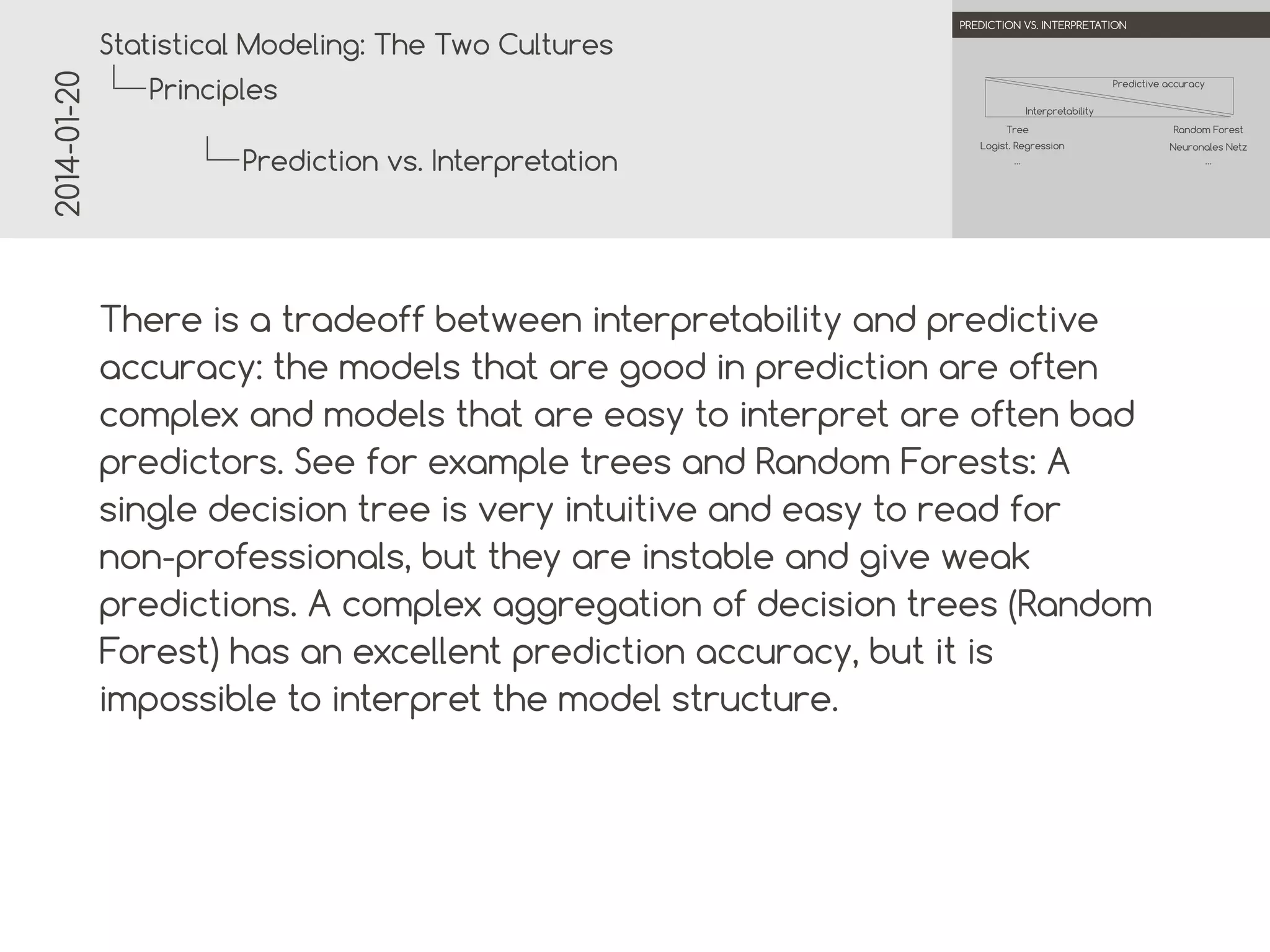 2014-01-20

.

.
Statistical Modeling: The Two Cultures

PREDICTION VS. INTERPRETATION

Principles

Predictive accuracy
Interpretability

.

Tree
Logist. Regression

Prediction vs. Interpretation

…

.
.

There is a trade-off between interpretability and predictive
accuracy: the models that are good in prediction are often
complex and models that are easy to interpret are often bad
predictors. See for example trees and Random Forests: A
single decision tree is very intuitive and easy to read for
non-professionals, but they are unstable and give weak
predictions. A complex aggregation of decision trees (Random
Forest) has an excellent prediction accuracy, but it is
impossible to interpret the model structure.

Random Forest
Neuronal networks
…

 