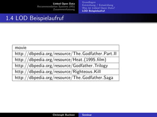 Linked Open Data
Recommendation Systems (RS)
Zusammenfassung

Grundlagen
Entstehung / Entwicklung
Was ist Linked Open Data?
LOD Beispielaufruf

1.4 LOD Beispielaufruf

movie
http://dbpedia.org/resource/The Godfather Part II
http://dbpedia.org/resource/Heat (1995 ﬁlm)
http://dbpedia.org/resource/Godfather Trilogy
http://dbpedia.org/resource/Righteous Kill
http://dbpedia.org/resource/The Godfather Saga

Christoph Buchner

Seminar

 