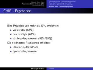 Linked Open Data
Recommendation Systems (RS)
Zusammenfassung

Warum LOD f¨r Empfehlungssysteme?
u
Ziele der Verwendung von LOD
Erkennbare Muster in der Literatur
Beispiel eines Empfehlungssystems

CHIP - Ergebnisse

Eine Pr¨zision von mehr als 50% erreichten:
a
vra:creator (67%)
link:hasStyle (67%)
aat:broader/narrower (53%/55%)
Die niedrigsten Pr¨zisionen erhielten:
a
ulan:birth/deathPlace
tgn:broader/narrower

Christoph Buchner

Seminar

 