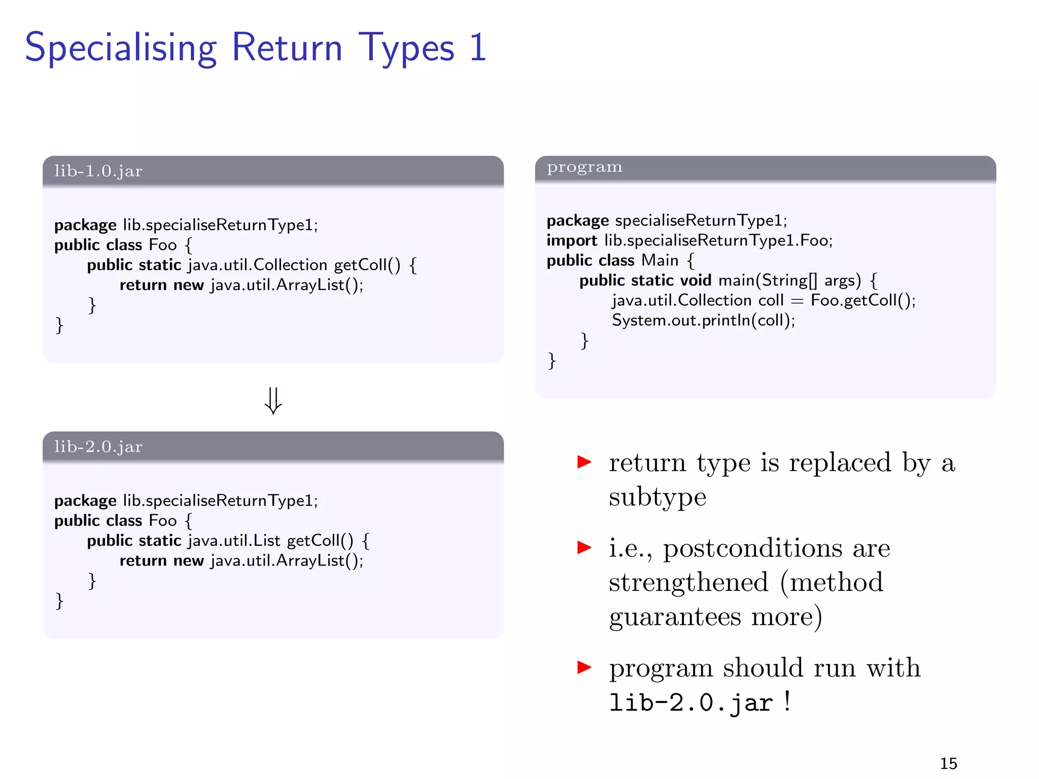 Adding a Method to an Interface 
Solution 
I running the program with library version 2.0 succeeds - the 
client program is not using the method added to the interface! 
I i.e., the program (compiled with lib-1.0.jar) is binary 
compatible with lib-2.0.jar 
I but recompilation fails as Main does not implement bar() 
I i.e., the program is source incompatible with lib-2.0.jar 
11 
 