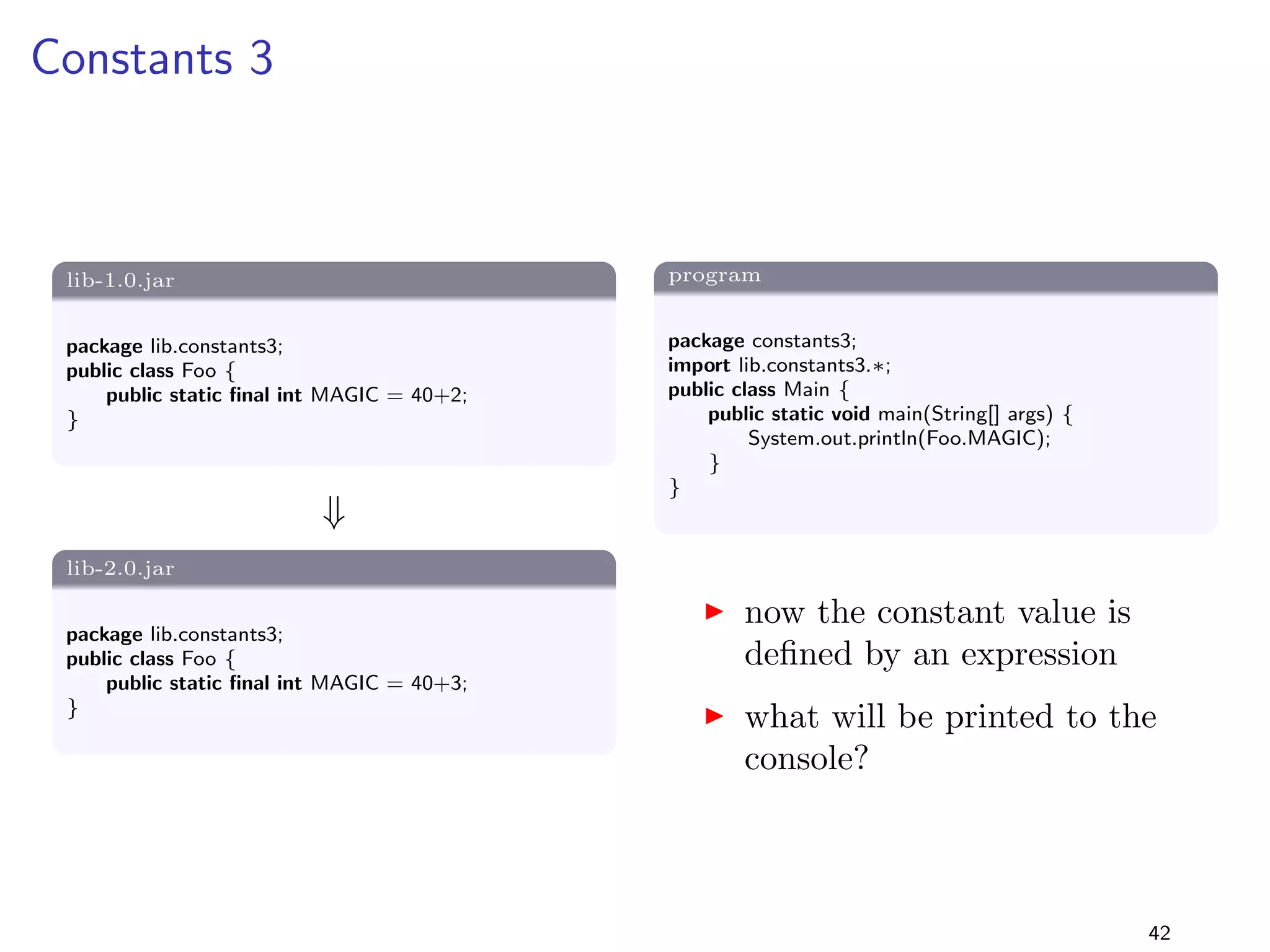 Change a Method from Static to Non-Static 
lib-1.0.jar 
package lib.static1; 
public class Foo f 
public static void foo() f 
System.out.println(foo); 
g 
g 
+ 
lib-2.0.jar 
package lib.static1; 
public class Foo f 
public void foo() f 
System.out.println(foo); 
g 
g 
program 
package static1; 
import lib.static1.Foo; 
public class Main f 
public static void main(String[] args) f 
Foo.foo(); 
g 
g 
I remove the static modi 