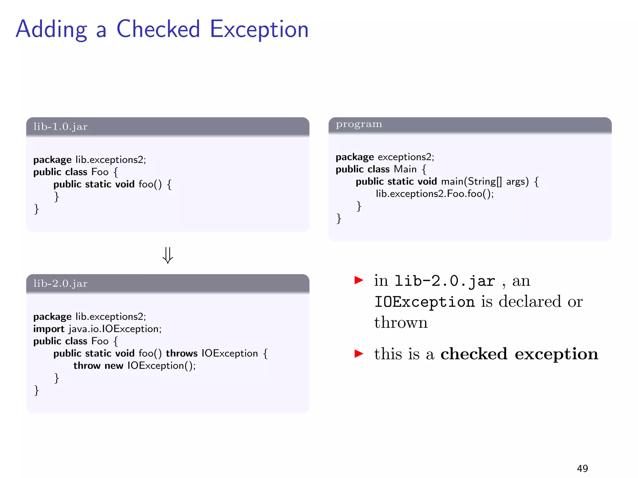 Static vs Non-Static 
Solution 
I the reason is the use of dierent byte code instructions: 
I static methods are invoked using invokestatic, for 
non-static methods, invokevirtual is used instead 
I the JVM checks the method type during linking, and creates 
an IncompatibleClassChangeError if a unexpected type is 
encountered [JVMS, ch. 5.4] 
I the same applies for  