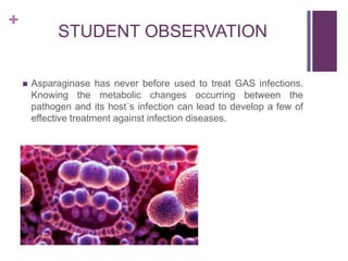 +

STUDENT OBSERVATION


Asparaginase has never before used to treat GAS infections.
Knowing the metabolic changes occurring between the
pathogen and its host´s infection can lead to develop a few of
effective treatment against infection diseases.

 