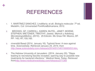 +

REFERENCES
1.

1. MARTÍNEZ SANCHEZ, LinaMaría; et alt. Biología molecular. 7th ed.
Medellín, Col: Universidad PontificiaBolivariana; 2012.

2.

BROOKS, GF; CARROLL, KAREN; BUTEL, JANET; MORSE,
STEPHEN; MIETZNER, TIMOTHY. Jawetz, Melnick y Adelberg,
MicrobiologíaMédica. (2010). 25 Edición. Mc Graw Hill. Mexico, DF.
PP: 145,147,159,160.

3.

niversität Basel (2014, January 16). Typhoid fever: A race against
time. ScienceDaily. Retrieved January 25, 2014, from
http://www.sciencedaily.com-/releases/2014/01/140116085053.htm.

4.

The Hebrew University of Jerusalem. (2014, January 20). "Steps
leading to necrotizing fasciitis revealed, opening way to possible new
treatments for bacterial infections." Medical News Today. Retrieved
fromhttp://www.medicalnewstoday.com/releases/271385

 