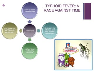 +
Food or water
contaminates

CONSTANTLY
ANTIBIOTIC
RESISTANT

Salmonella

typhoid fever
particularly
insidious

TYPHOID FEVER: A
RACE AGAINST TIME

Begins on the
intestine and
then invades
other organs

 