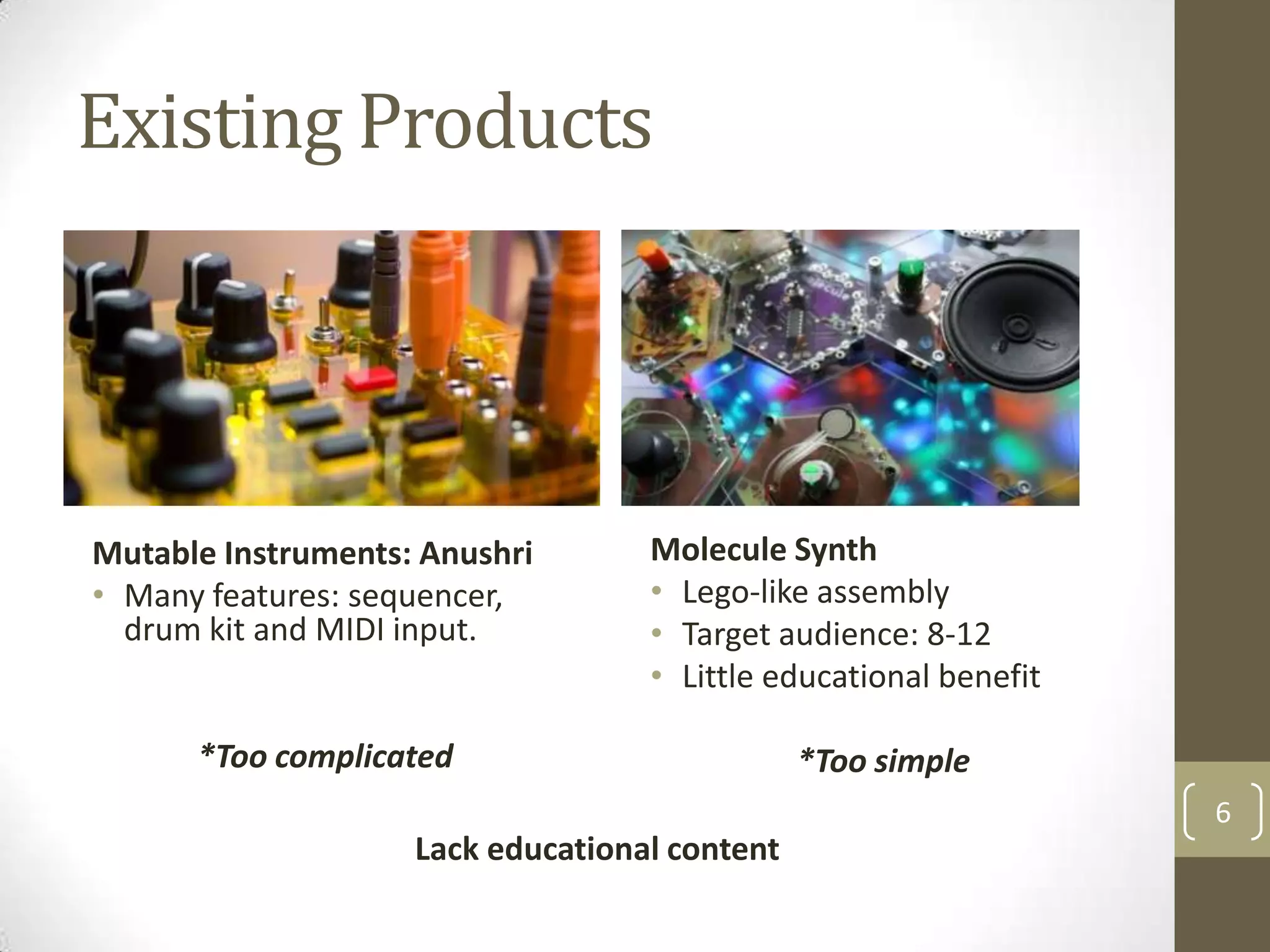 Existing Products

Mutable Instruments: Anushri
• Many features: sequencer,
drum kit and MIDI input.

Molecule Synth
• Lego-like assembly
• Target audience: 8-12
• Little educational benefit

*Too complicated

*Too simple
6

Lack educational content

 