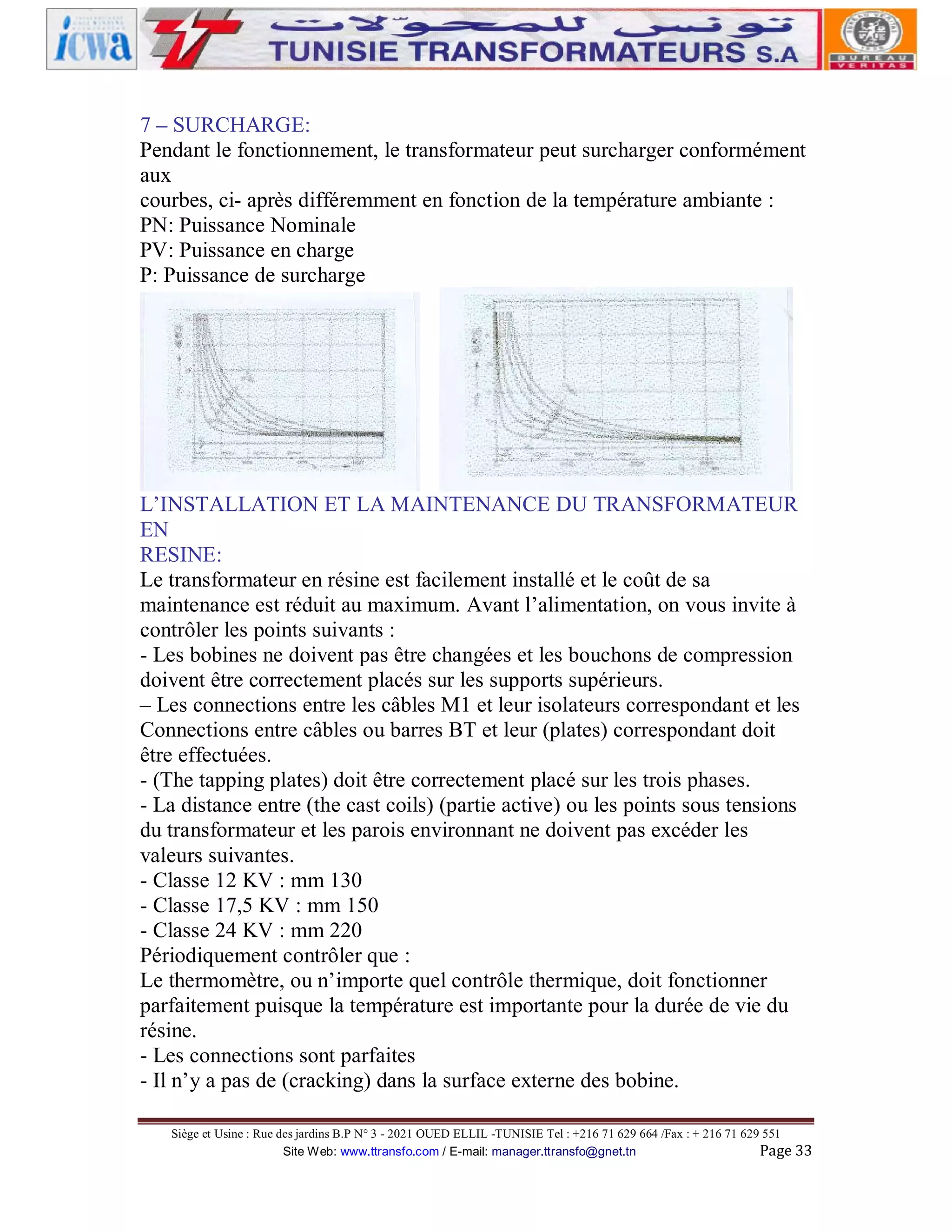 7 – SURCHARGE:
Pendant le fonctionnement, le transformateur peut surcharger conformément
aux
courbes, ci- après différemment en fonction de la température ambiante :
PN: Puissance Nominale
PV: Puissance en charge
P: Puissance de surcharge

L’INSTALLATION ET LA MAINTENANCE DU TRANSFORMATEUR
EN
RESINE:
Le transformateur en résine est facilement installé et le coût de sa
maintenance est réduit au maximum. Avant l’alimentation, on vous invite à
contrôler les points suivants :
- Les bobines ne doivent pas être changées et les bouchons de compression
doivent être correctement placés sur les supports supérieurs.
– Les connections entre les câbles M1 et leur isolateurs correspondant et les
Connections entre câbles ou barres BT et leur (plates) correspondant doit
être effectuées.
- (The tapping plates) doit être correctement placé sur les trois phases.
- La distance entre (the cast coils) (partie active) ou les points sous tensions
du transformateur et les parois environnant ne doivent pas excéder les
valeurs suivantes.
- Classe 12 KV : mm 130
- Classe 17,5 KV : mm 150
- Classe 24 KV : mm 220
Périodiquement contrôler que :
Le thermomètre, ou n’importe quel contrôle thermique, doit fonctionner
parfaitement puisque la température est importante pour la durée de vie du
résine.
- Les connections sont parfaites
- Il n’y a pas de (cracking) dans la surface externe des bobine.
Siège et Usine : Rue des jardins B.P N° 3 - 2021 OUED ELLIL -TUNISIE Tel : +216 71 629 664 /Fax : + 216 71 629 551
Site Web: www.ttransfo.com / E-mail: manager.ttransfo@gnet.tn
Page 33

 