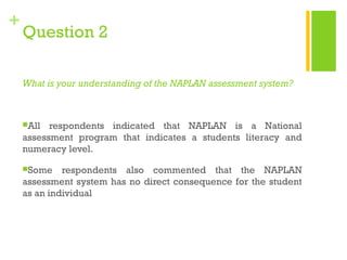 +

Question 2
What is your understanding of the NAPLAN assessment system?

All

respondents indicated that NAPLAN is a Na...