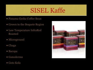 SISEL Kaffe
• Panama Gesha Coffee Bean
• Grown in the Boquete Region
• Low Temperature InfraRed
Roasted

• Microground
• Chaga
• Bacopa
• Ganoderma
• Goto Kola

 