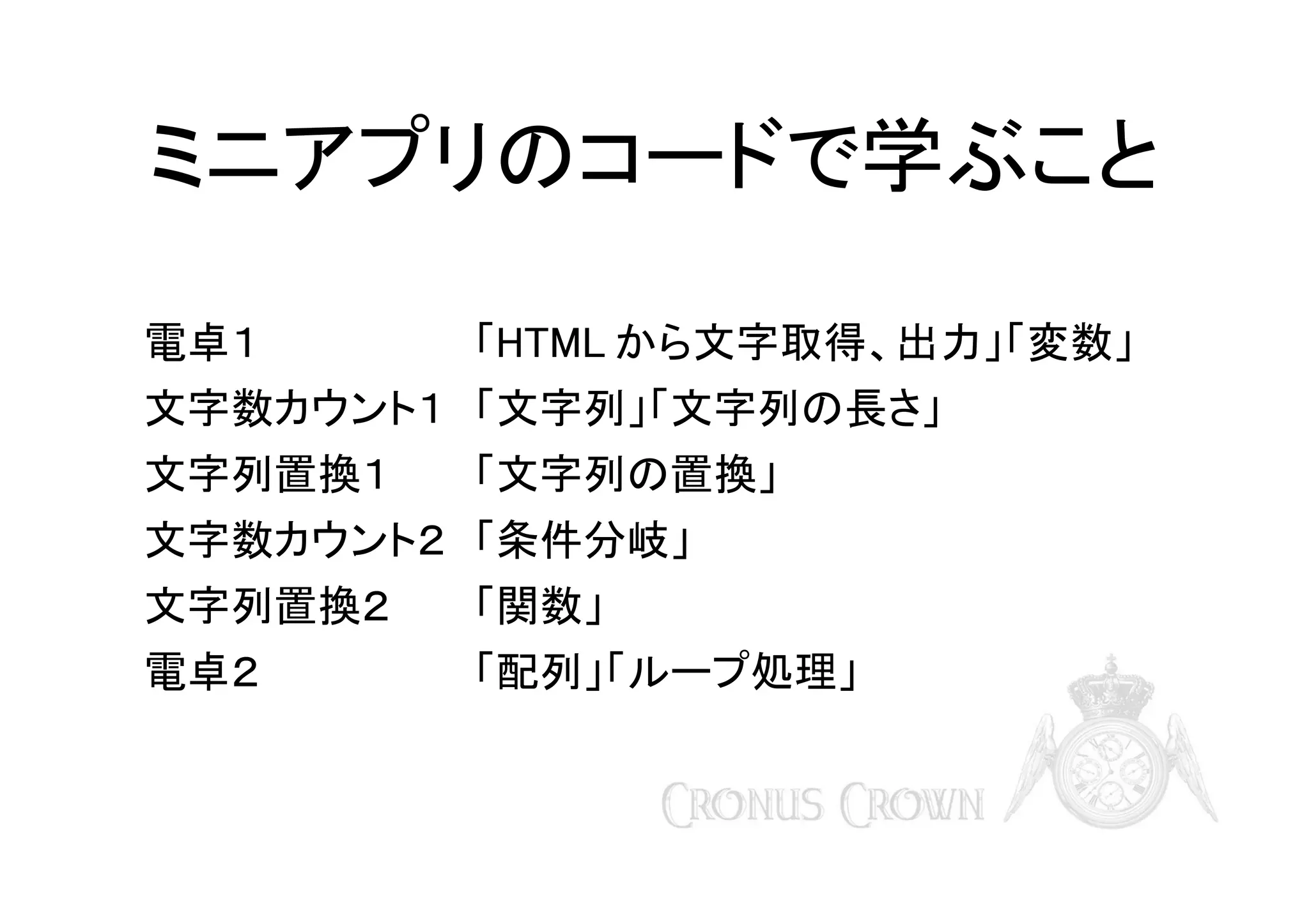 ミニアプリのコードで学ぶこと
電卓１

「HTML から文字取得、出力」「変数」

文字数カウント１ 「文字列」「文字列の長さ」
文字列置換１

「文字列の置換」

文字数カウント２ 「条件分岐」
文字列置換２

「関数」

電卓２

「配列」「ループ処理」

 