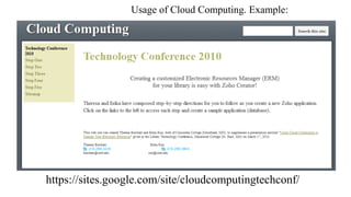 Usage of Cloud Computing. Example:

https://sites.google.com/site/cloudcomputingtechconf/

 