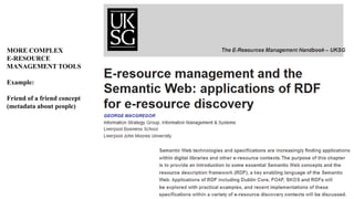 MORE COMPLEX
E-RESOURCE
MANAGEMENT TOOLS
Example:
Friend of a friend concept
(metadata about people)

 