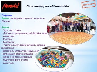 Сеть пиццерии «Mamamia!»
Открытие
Проект: проведение открытия пиццерии на
Оболони

Задачи:
- Звук, свет, сцена
- Детские аттракционы (сухой бассейн, аквагрим)
- Аниматоры
- Роллеры
- Банеристы
- Развлечь посетителей, оставить хорошие
впечатления
- обеспечить аппаратурой (звук, микрофоны)
- организация работы ведущей;
- набор и контроль персонала;
- подготовка фото-отчета;
- логистика.

 