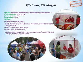 ТД «Элит», ТМ «Ажур»
Проект: продажа мороженого на фестивале мороженого
Даты проекта: май 2010
География: Киев
Задачи:
- привлечь покупателей;
- акцентировать их внимание на полезных свойствах нового
мороженого;
- набор и контроль персонала;
- подготовка фото-отчета;
- составление и ведение отчетных ведомостей, отчет приема
товара, остатка, сдача кассы.

 