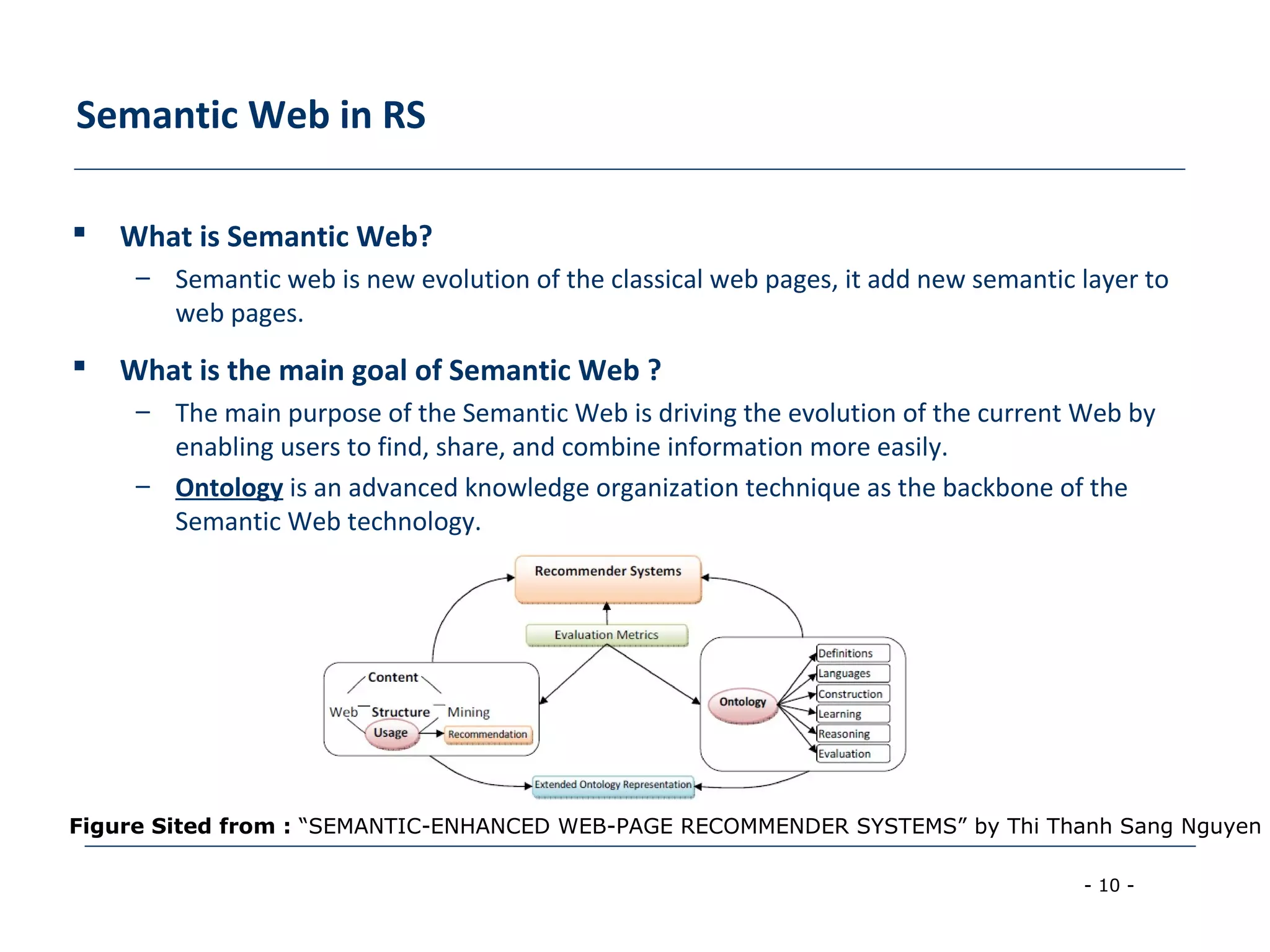 - 10 -
Semantic Web in RS
 What is Semantic Web?
– Semantic web is new evolution of the classical web pages, it add new semantic layer to
web pages.
 What is the main goal of Semantic Web ?
– The main purpose of the Semantic Web is driving the evolution of the current Web by
enabling users to find, share, and combine information more easily.
– Ontology is an advanced knowledge organization technique as the backbone of the
Semantic Web technology.
Figure Sited from : “SEMANTIC-ENHANCED WEB-PAGE RECOMMENDER SYSTEMS” by Thi Thanh Sang Nguyen
 
