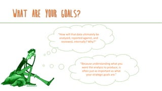 What are your goals?
“How will that data ultimately be
analyzed, reported against, and
reviewed, internally? Why?”
“Because understanding what you
want the analysis to produce, is
often just as important as what
your strategic goals are.”
 