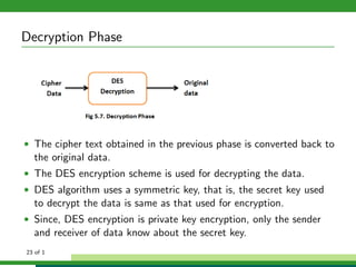 Decryption Phase
• The cipher text obtained in the previous phase is converted back to
the original data.
• The DES encryption scheme is used for decrypting the data.
• DES algorithm uses a symmetric key, that is, the secret key used
to decrypt the data is same as that used for encryption.
• Since, DES encryption is private key encryption, only the sender
and receiver of data know about the secret key.
23 of 1
 