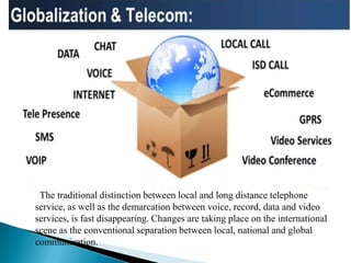 The traditional distinction between local and long distance telephone
service, as well as the demarcation between voice, record, data and video
services, is fast disappearing. Changes are taking place on the international
scene as the conventional separation between local, national and global
communication.
 