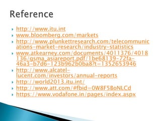  http://www.itu.int
 www.bloomberg.com/markets
 http://www.plunkettresearch.com/telecommunic
ations-market-research/industry-statistics
 www.atkearney.com/documents/4011376/4018
136/gsma_asiareport.pdf/1be68139-72fa-
46a3-b7d6-123b962b0ba8?t=1352653946
 http://www.alcatel-
lucent.com/investors/annual-reports
 http://world2013.itu.int/
 http://www.att.com/#fbid=0W8F5BoNLCd
 https://www.vodafone.in/pages/index.aspx
 