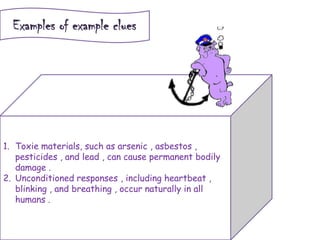 Examples of example clues
1. Toxie materials, such as arsenic , asbestos ,
pesticides , and lead , can cause permanent bodily
damage .
2. Unconditioned responses , including heartbeat ,
blinking , and breathing , occur naturally in all
humans .
 