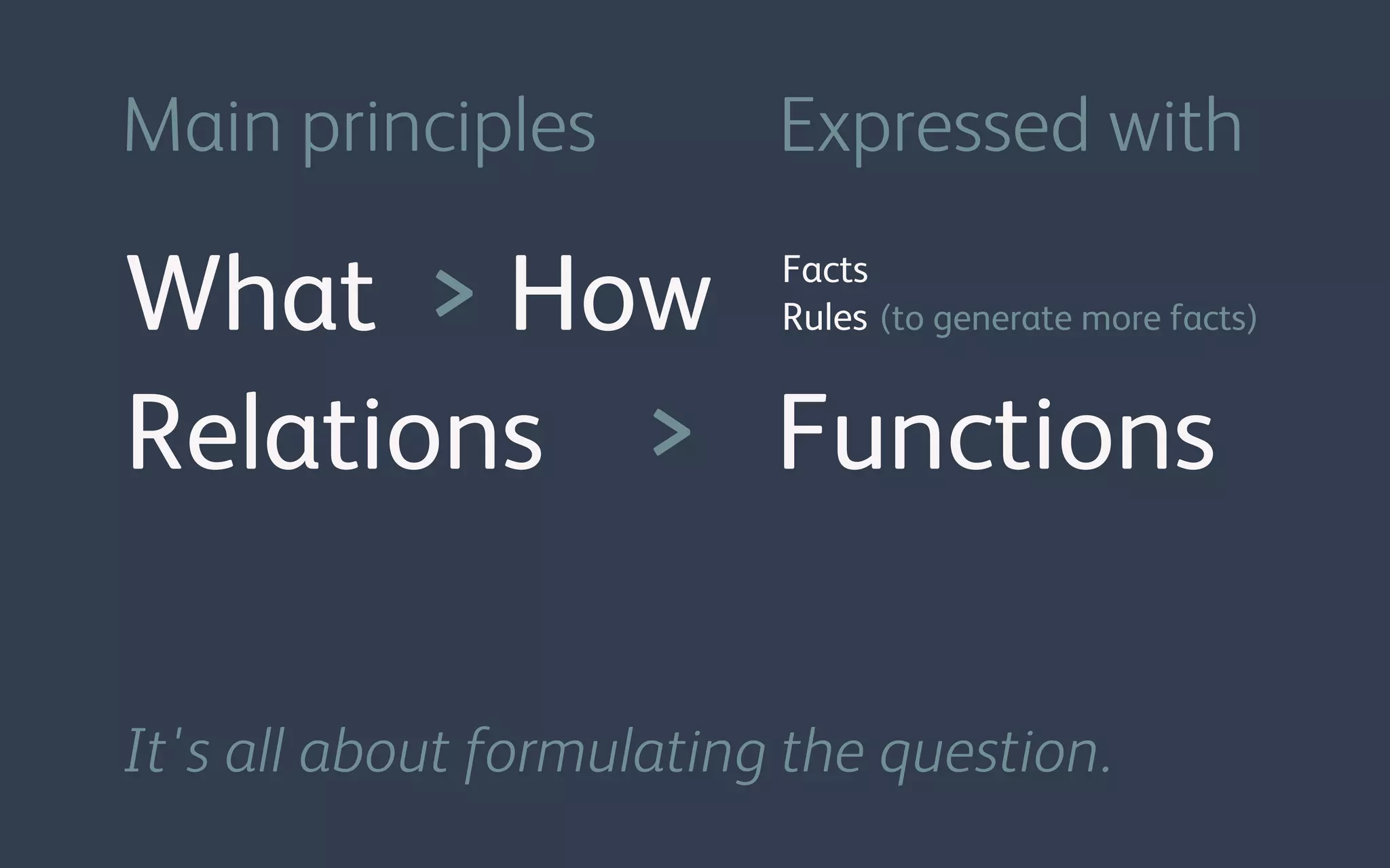 What > How
Relations > Functions
Facts
Rules (to generate more facts)
Main principles
It's all about formulating the question.
Expressed with
 