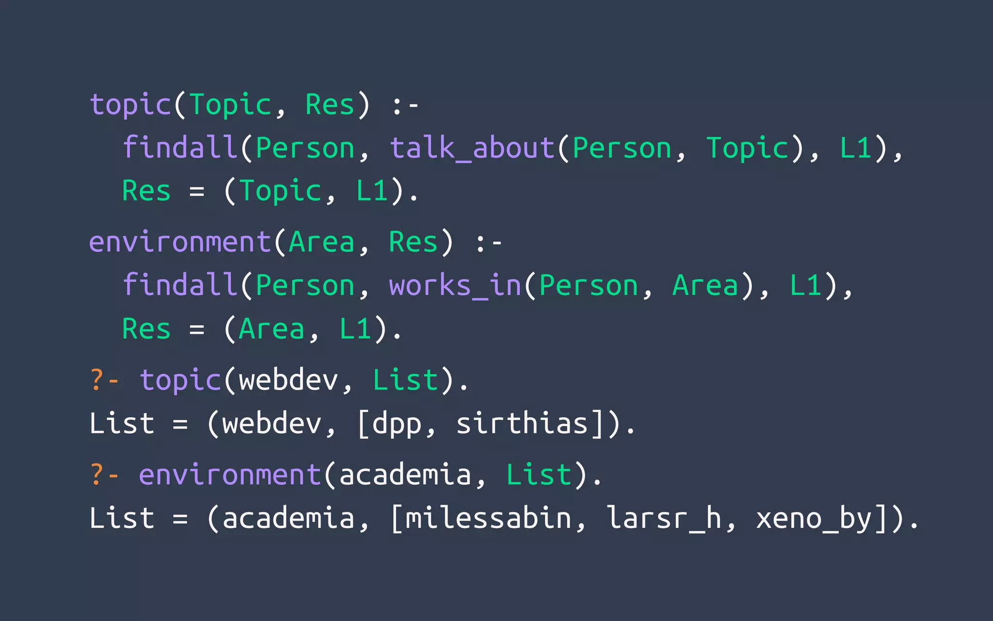 topic(Topic, Res) :-
  findall(Person, talk_about(Person, Topic), L1),
  Res = (Topic, L1).
environment(Area, Res) :-
  findall(Person, works_in(Person, Area), L1),
  Res = (Area, L1).
?- topic(webdev, List).
List = (webdev, [dpp, sirthias]).
?- environment(academia, List).
List = (academia, [milessabin, larsr_h, xeno_by]).
 