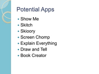 Potential Apps
 Show Me
 Skitch
 Skioory
 Screen Chomp
 Explain Everything
 Draw and Tell
 Book Creator
 
