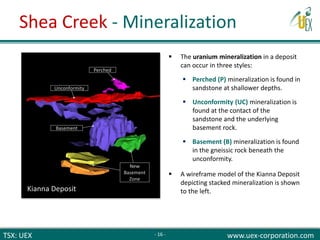 TSX: UEX www.uex-corporation.com
 The uranium mineralization in a deposit
can occur in three styles:
 Perched (P) mineralization is found in
sandstone at shallower depths.
 Unconformity (UC) mineralization is
found at the contact of the
sandstone and the underlying
basement rock.
 Basement (B) mineralization is found
in the gneissic rock beneath the
unconformity.
 A wireframe model of the Kianna Deposit
depicting stacked mineralization is shown
to the left.
Perched
Unconformity
Basement
New
Basement
Zone
Kianna Deposit
Shea Creek - Mineralization
- 16 -
 