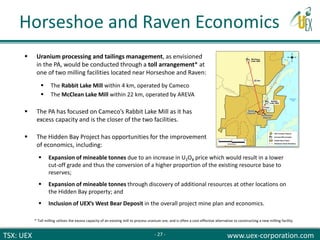 TSX: UEX www.uex-corporation.com
 Uranium processing and tailings management, as envisioned
in the PA, would be conducted through a toll arrangement* at
one of two milling facilities located near Horseshoe and Raven:
 The Rabbit Lake Mill within 4 km, operated by Cameco
 The McClean Lake Mill within 22 km, operated by AREVA
 The PA has focused on Cameco’s Rabbit Lake Mill as it has
excess capacity and is the closer of the two facilities.
 The Hidden Bay Project has opportunities for the improvement
of economics, including:
 Expansion of mineable tonnes due to an increase in U3O8 price which would result in a lower
cut-off grade and thus the conversion of a higher proportion of the existing resource base to
reserves;
 Expansion of mineable tonnes through discovery of additional resources at other locations on
the Hidden Bay property; and
 Inclusion of UEX’s West Bear Deposit in the overall project mine plan and economics.
* Toll milling utilizes the excess capacity of an existing mill to process uranium ore, and is often a cost-effective alternative to constructing a new milling facility.
Horseshoe and Raven Economics
- 27 -
 
