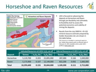 TSX: UEX www.uex-corporation.com
 UEX is focused on advancing the
deposits at Horseshoe and Raven
through pre-feasibility and ultimately
to feasibility level to assess the
potential economics and viability of
mining the deposits.
 Results from the July 2009 N.I. 43-101
mineral resource estimate prepared by
Golder Associates Ltd. are shown in
the table below.
This resource is included in a technical report on
the Hidden Bay property with an effective date of
February 15, 2011 available online under UEX’s
profile at www.sedar.com.
Deposit
Indicated Resources at 0.05% U3O8 cut-off Inferred Resources at 0.05% U3O8 cut-off
Tonnes U3O8 (%) U3O8 (lbs) Tonnes U3O8 (%) U3O8 (lbs)
Horseshoe 5,119,700 0.203 22,895,000 287,000 0.166 1,049,000
Raven 5,173,900 0.107 12,149,000 822,200 0.092 1,666,000
Total 10,293,600 0.155 35,044,000 1,109,200 0.111 2,715,000
Horseshoe and Raven Resources
- 28 -
 