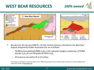 TSX: UEX www.uex-corporation.com
 Results from the January 2009 N.I. 43-101 mineral resource estimate for the West Bear
Deposit prepared by Golder Associates Ltd. are as follows:
‒ 78,900 tonnes grading 0.908% U3O8 in the Indicated category containing 1,579,000
pounds U3O8 at a cut-off grade of 0.05% U3O8.
‒ All resources are within 35 m of surface.
This resource is included in a technical report on the Hidden Bay property with an effective date of February 15, 2011 available online
under UEX’s profile at www.sedar.com.
WEST BEAR RESOURCES
- 31 -
100% owned
 