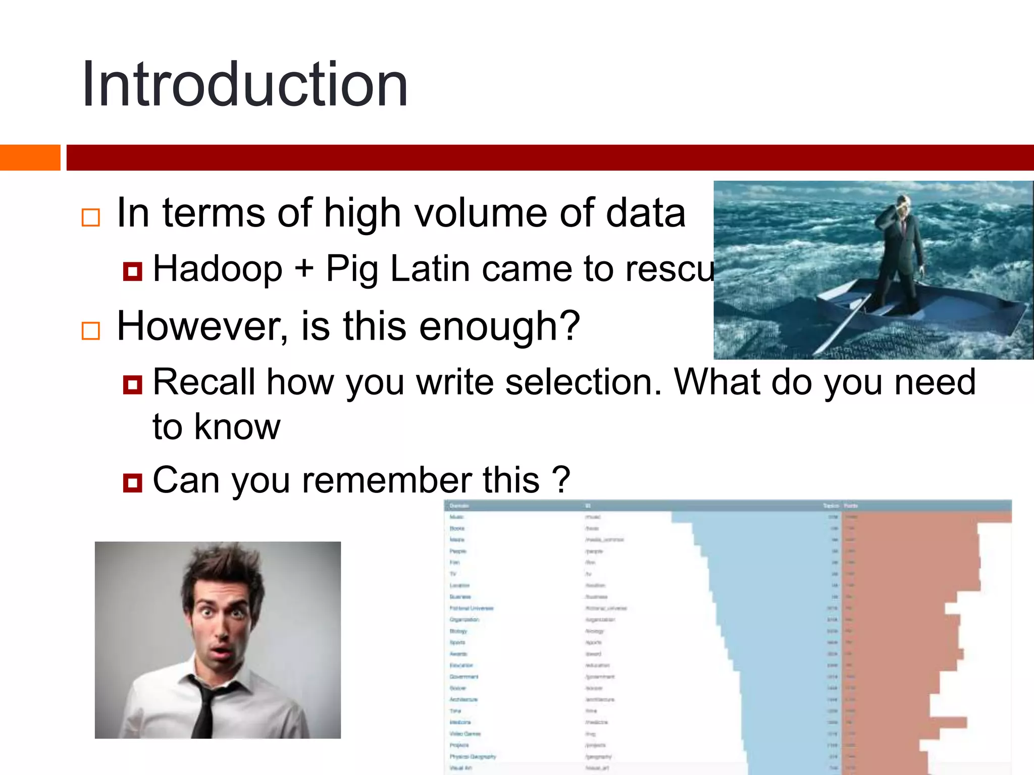 Introduction
 In terms of high volume of data
 Hadoop + Pig Latin came to rescue
 However, is this enough?
 Recall how you write selection. What do you need
to know
 Can you remember this ?
 
