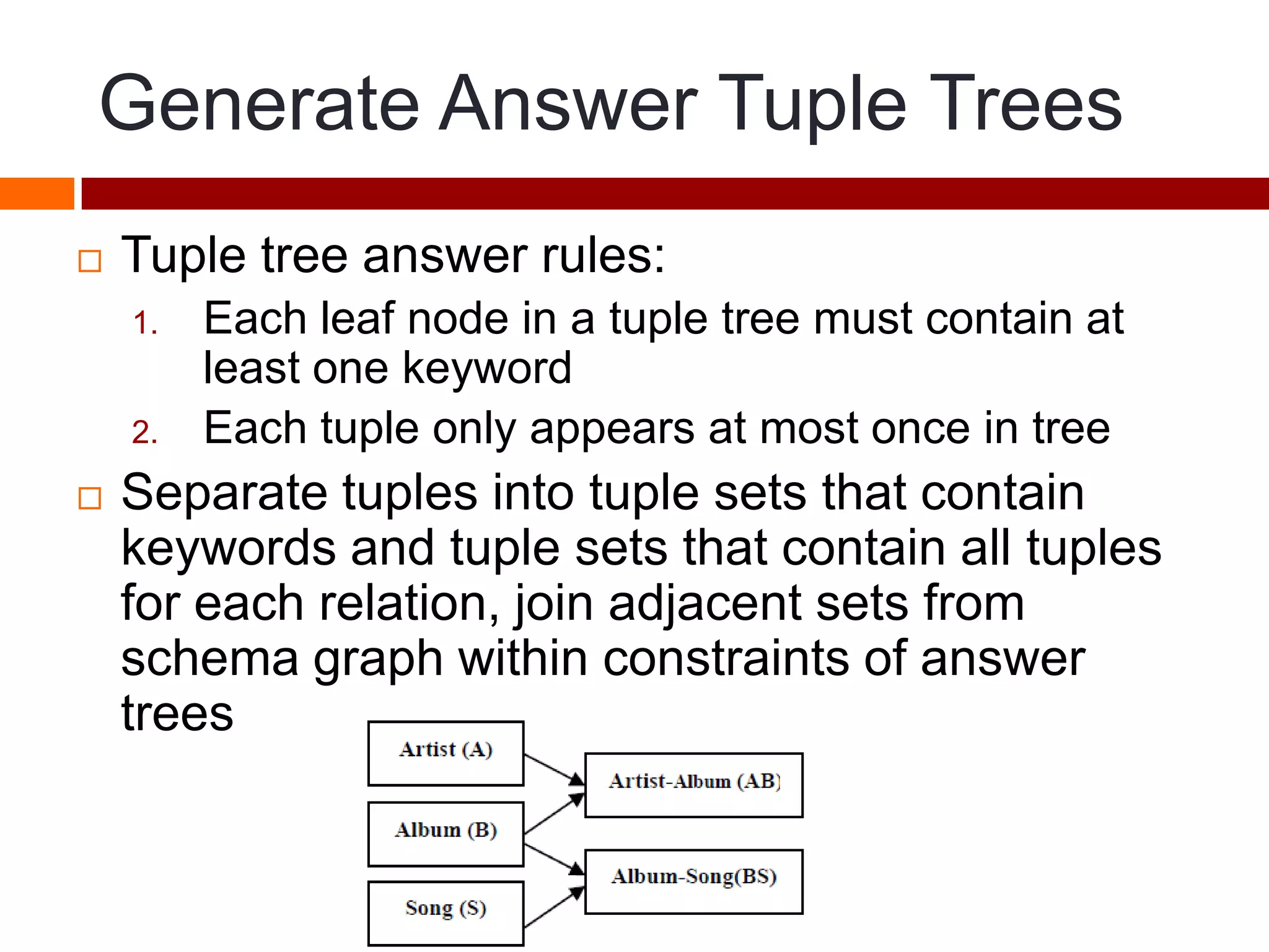 Generate Answer Tuple Trees
 Tuple tree answer rules:
1. Each leaf node in a tuple tree must contain at
least one keyword
2. Each tuple only appears at most once in tree
 Separate tuples into tuple sets that contain
keywords and tuple sets that contain all tuples
for each relation, join adjacent sets from
schema graph within constraints of answer
trees
 