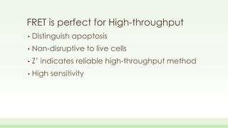 FRET is perfect for High-throughput
• Distinguish apoptosis
• Non-disruptive to live cells
• Z’ indicates reliable high-th...