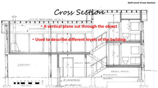 Cross Section
• A vertical plane cut through the object
• Used to describe different levels of the building
 