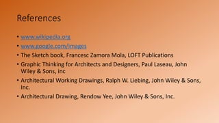 References
• www.wikipedia.org
• www.google.com/images
• The Sketch book, Francesc Zamora Mola, LOFT Publications
• Graphic Thinking for Architects and Designers, Paul Laseau, John
Wiley & Sons, inc
• Architectural Working Drawings, Ralph W. Liebing, John Wiley & Sons,
Inc.
• Architectural Drawing, Rendow Yee, John Wiley & Sons, Inc.
 