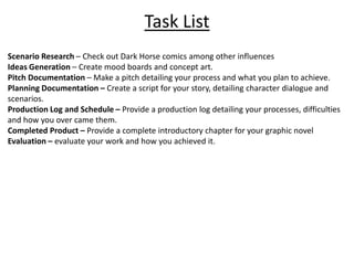 Task List
Scenario Research – Check out Dark Horse comics among other influences
Ideas Generation – Create mood boards and concept art.
Pitch Documentation – Make a pitch detailing your process and what you plan to achieve.
Planning Documentation – Create a script for your story, detailing character dialogue and
scenarios.
Production Log and Schedule – Provide a production log detailing your processes, difficulties
and how you over came them.
Completed Product – Provide a complete introductory chapter for your graphic novel
Evaluation – evaluate your work and how you achieved it.
 