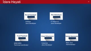 12
İdarə Heyəti
Unibank
Java Developer
IT Solutions
Java Developer
MSM MMC
Technical coordinator
Cybernet
Java Developer
Baku JUG
Adiministrator
Murad İmanbəyli İlkin Abdullayev
Fuad Paşabəyli Vüqar Süleymanov Nahidə Qasımzadə
 
