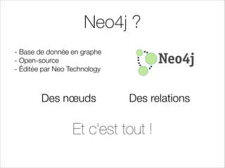 Neo4j ?
- Base de donnée en graphe
- Open-source
- Éditée par Neo Technology
 