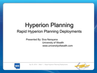 Apr 25, 2014 / Slide 1 / Rapid Hyperion Planning Deployments
Hyperion PlanningHyperion Planning
Rapid Hyperion Planning Deployments
Presented By: Siva Narayana
University of Wealth
www.universityofwealth.com
 